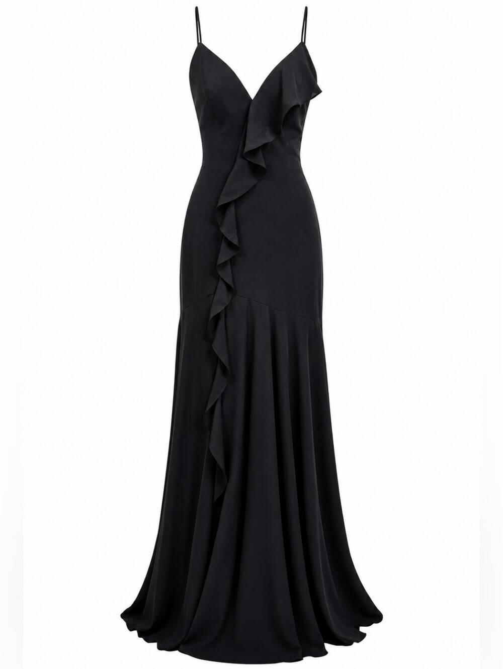 Fame & Partners Callais Black Ruffle Lace Up Back Maxi Evening Gown Dress 4 Prom